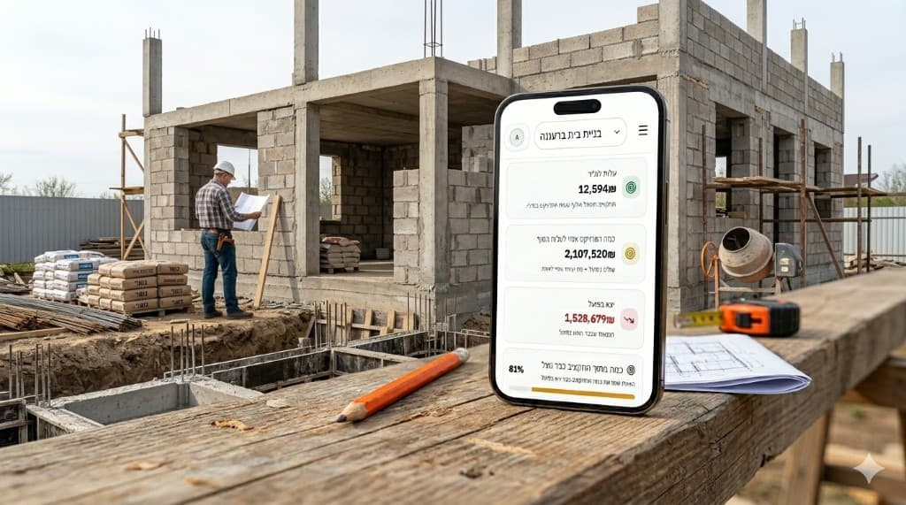 אפליקציית FlowMyHome פתוחה על סמארטפון באתר בנייה — מעקב תקציב, עלות למ״ר והוצאות בזמן אמת
