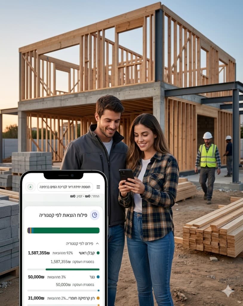 זוג צעיר בודק את אפליקציית FlowMyHome באתר בנייה — מעקב הוצאות לפי קטגוריה